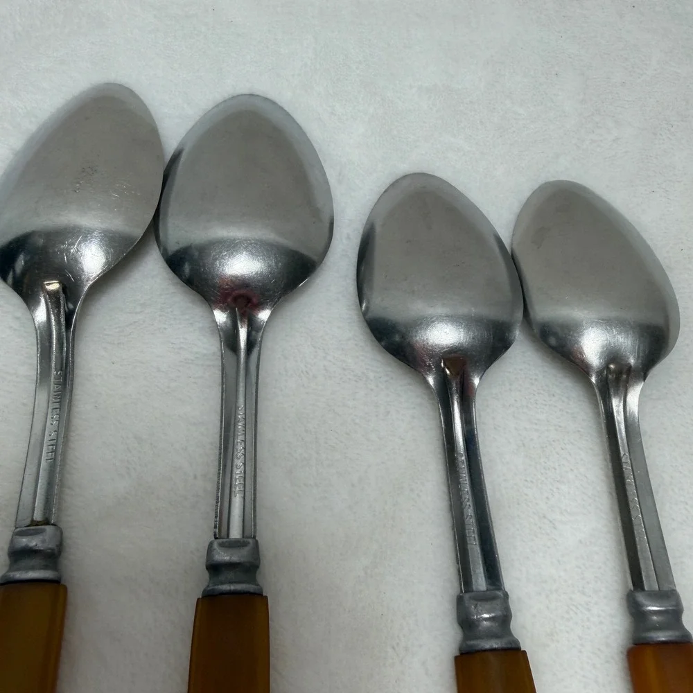 VTG Butterscotch Bakelite Handle Spoons Stainless Steel Set of 4 Mixed Sizes SEE